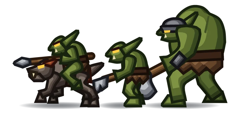 A goblin on a wolf, a goblin with an axe and a big armoured goblin on the march