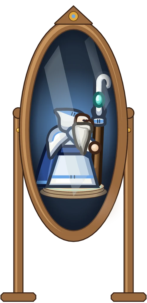 In the Armoury mirror, the Warden in a hooded white robe with a crook staff