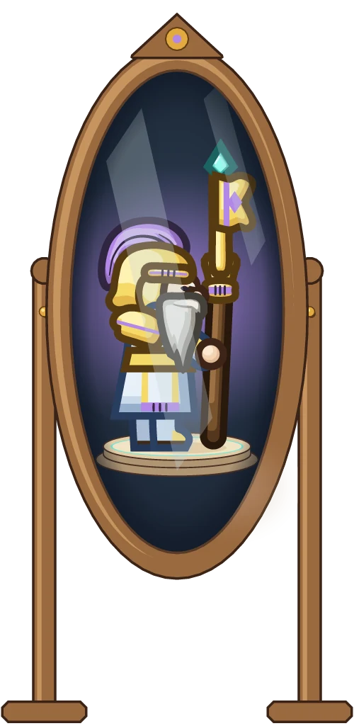 In the Armoury mirror, the Warden in gold armour with violet trim and a banner staff