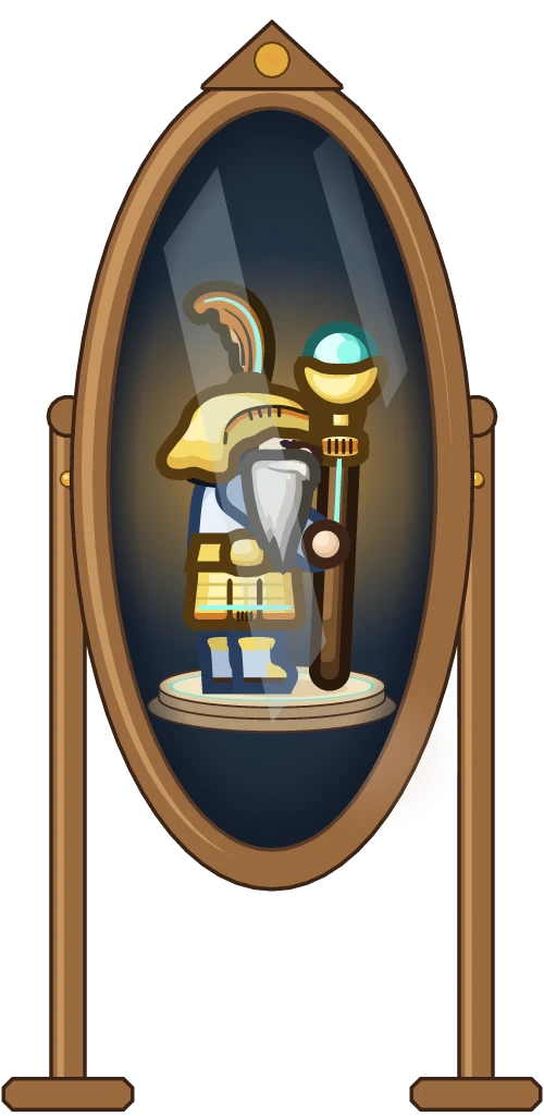 In the Armoury mirror, the Warden in a plumed gold helmet and armour with an orb staff
