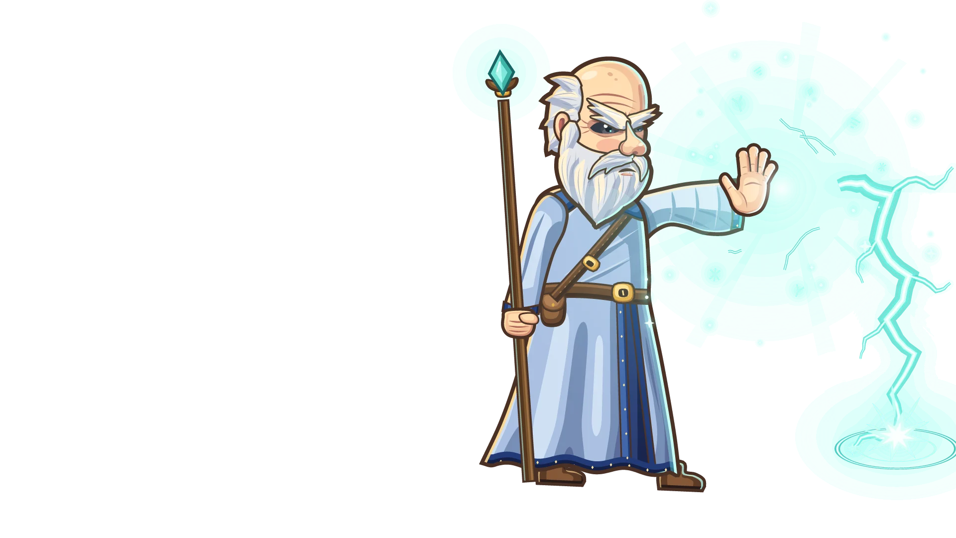 The Warden, an old wizard with a white beard, stands on his keep's wall with his staff. He reaches one hand into a small spinning circle of light, a great teal magic circle turns behind him, and a bolt of ward light strikes the monsters coming out of the dusk.