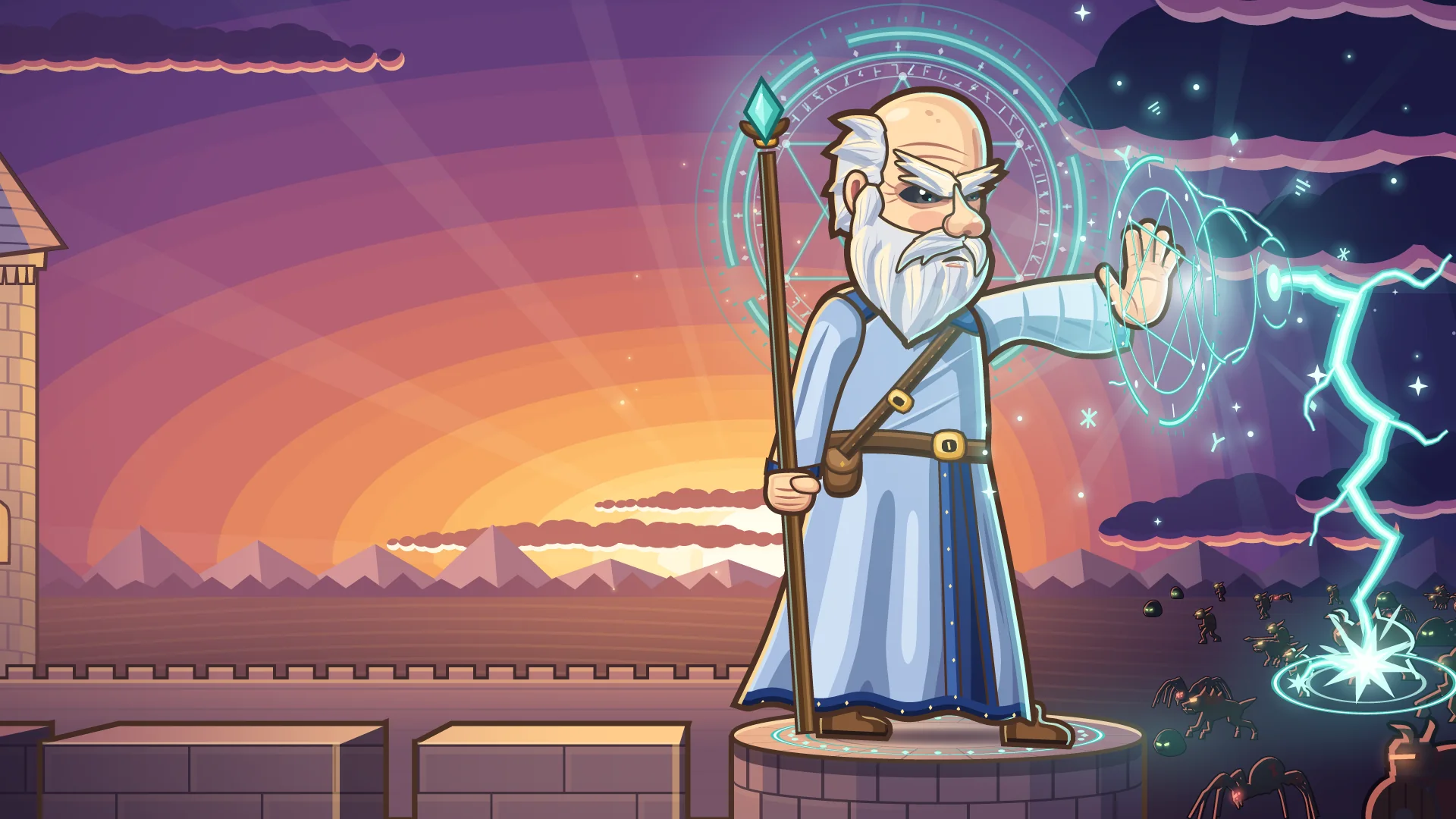 The Warden on his wall in the golden hour, a magic circle behind him, lightning striking the monsters