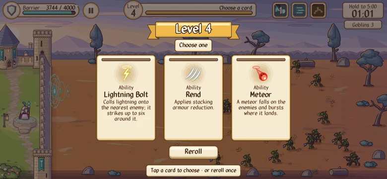 The level-up screen with three cards