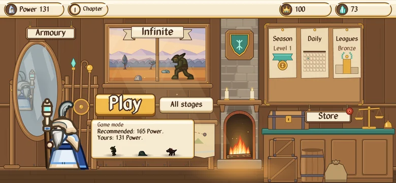 The Outpost, a timber room with the Armoury mirror, the Play sign and the Store