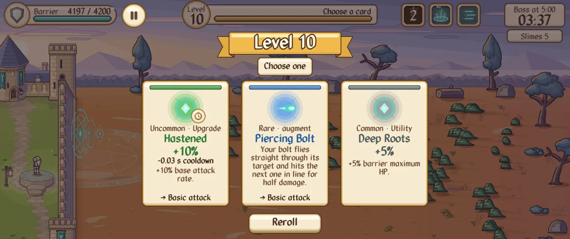 A level-up in Slimes 5, from the gameplay clip: three cards to choose from